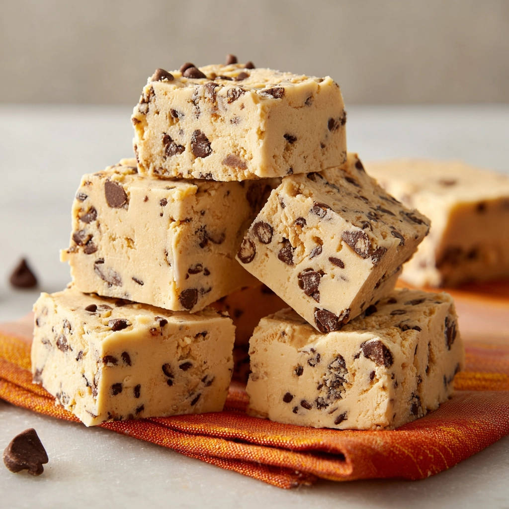 Schoko-Chip-Keksteig-Fudge, gestapelt zu einem Turm auf einem orangefarbenen Tuch mit Schokoladenstückchen daneben.