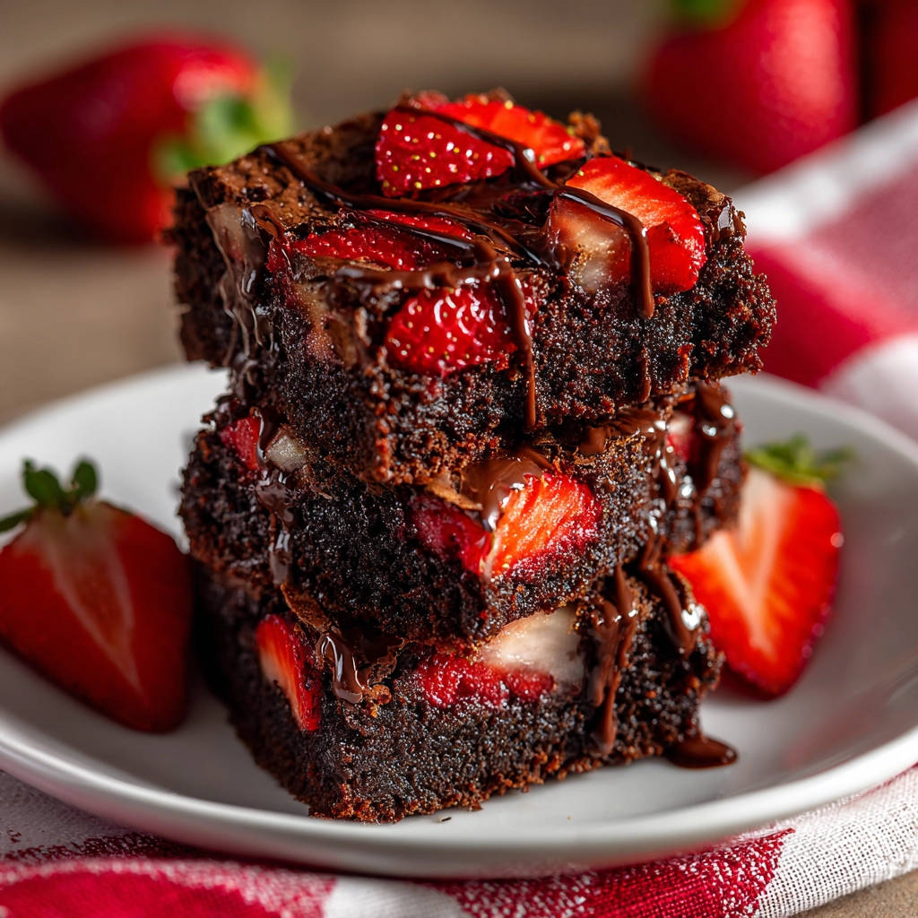 Schoko-Erdbeer-Brownies sind saftig und mit Erdbeeren und Schokoglasur gestapelt und serviert.