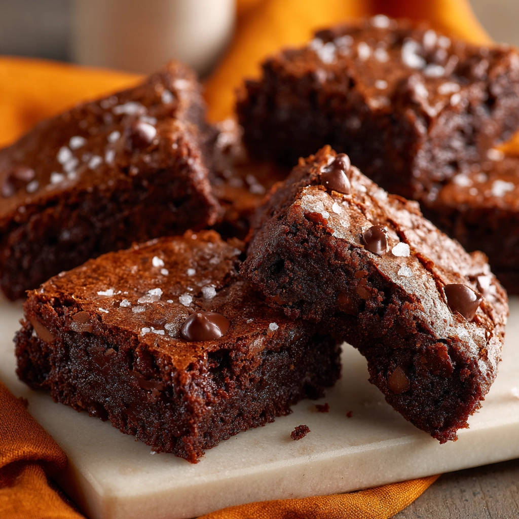 Saftige Schokoladen-Brownies mit Meersalz, angeschnitten mit sichtbaren Schokoladenstückchen und grobem Salz bestreut.