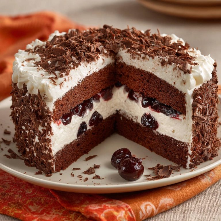 Schwarzwälder Kirschtorte angeschnitten, die Schichten von Schokoladenkuchen, Sahne und Kirschen zeigen, garniert mit Schokostreuseln.