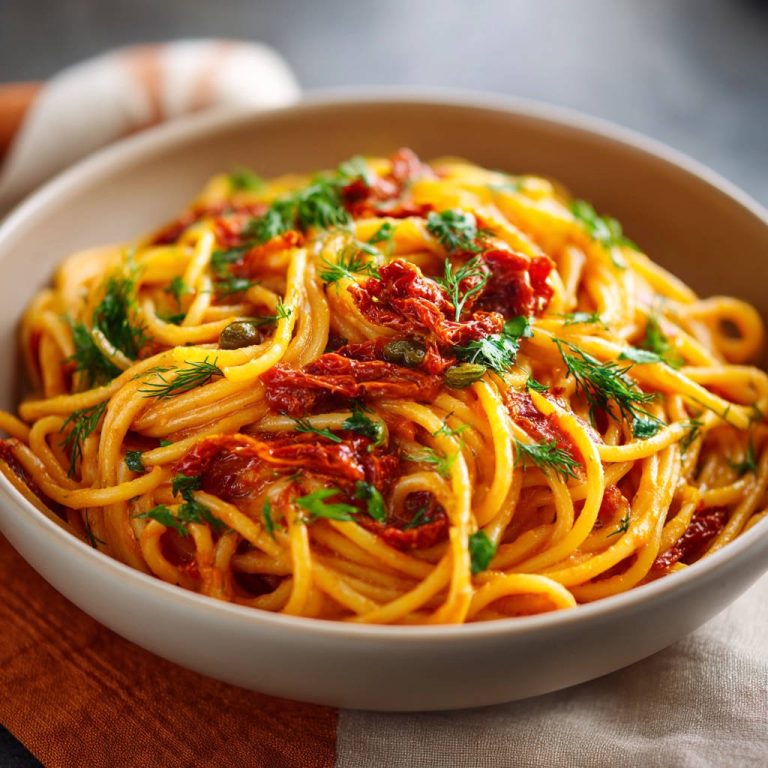 Spaghetti mit getrockneten Tomaten und Kapern, eine Nahaufnahme des perfekt garnierten Gerichts mit frischen Kräutern und sonnengetrockneten Tomaten.