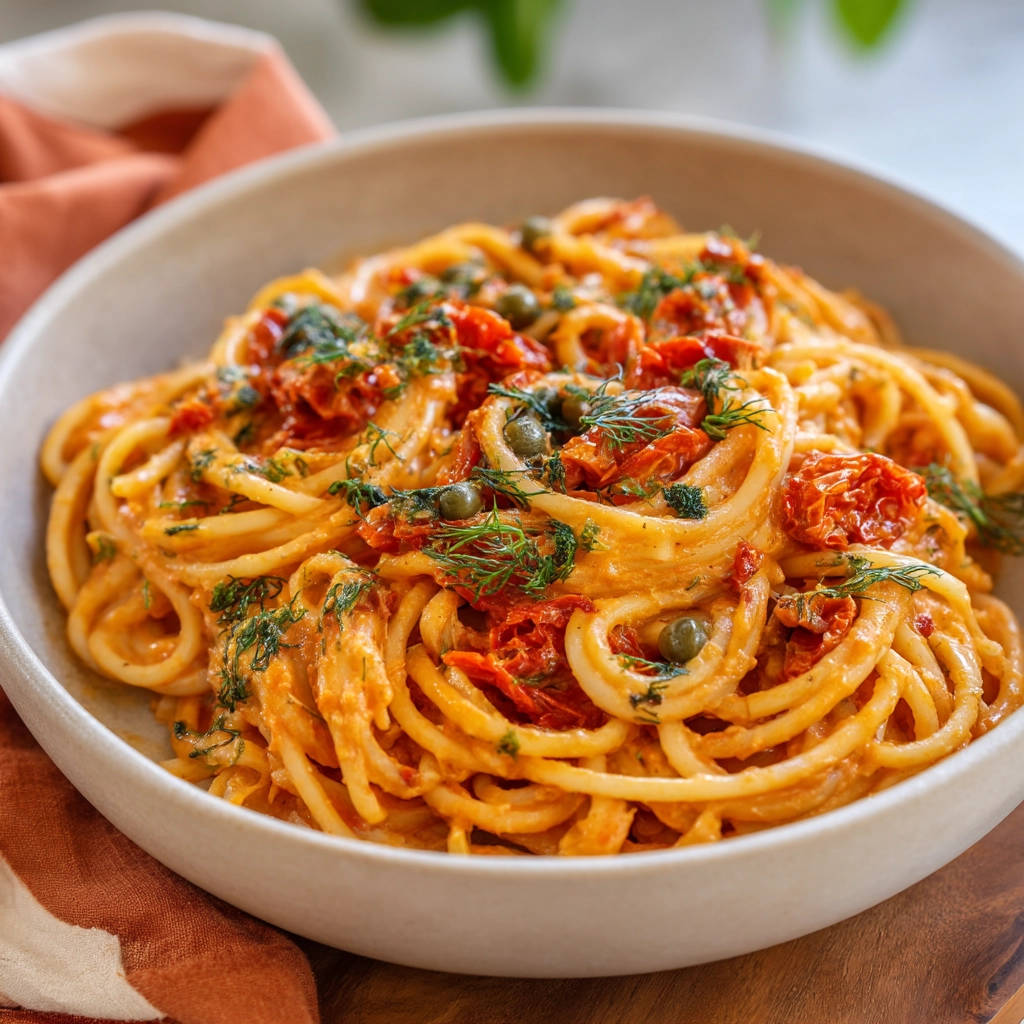 Spaghetti mit getrockneten Tomaten und Kapern, nahaufnahme der Nudeln mit cremiger Sauce und Garnitur.