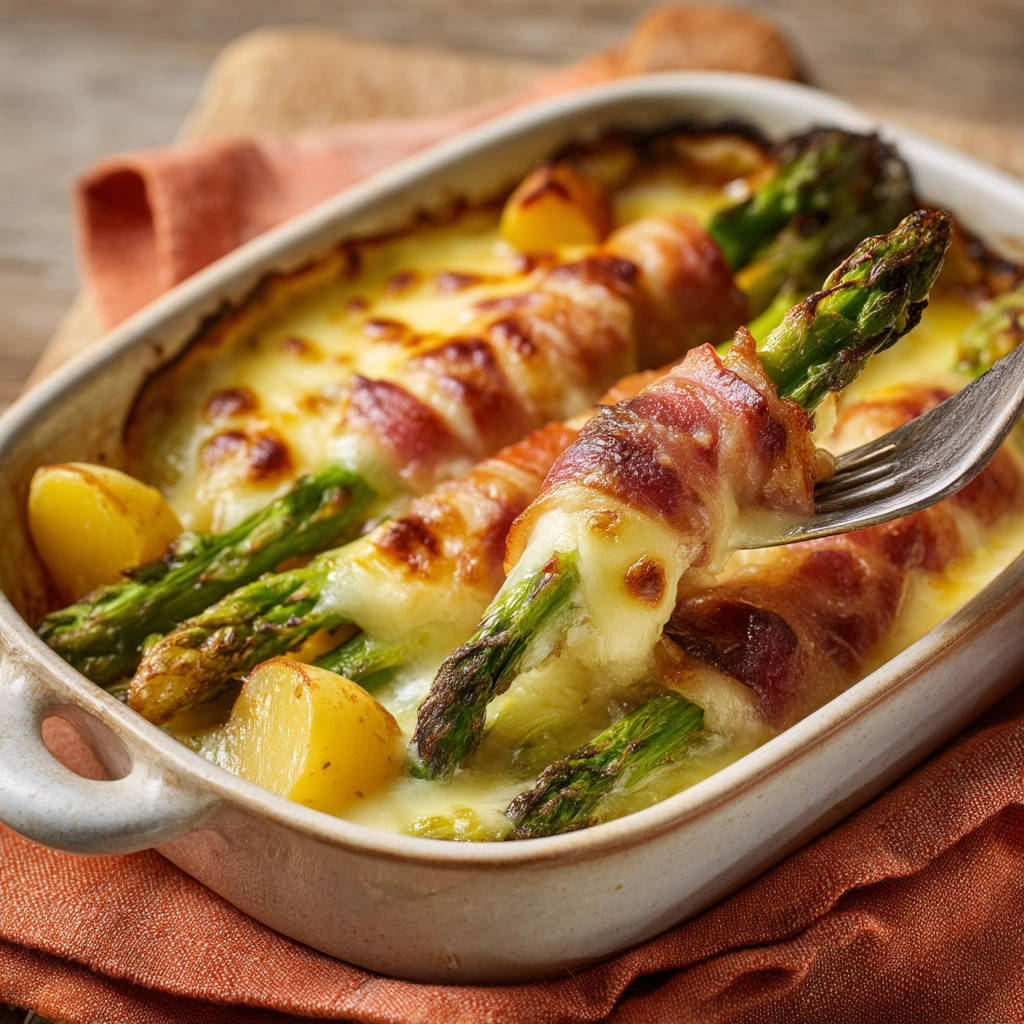 Spargel-Gratin mit Speck & Käsesauce: Nahaufnahme einer einzelnen Speck-umwickelten Spargelspitze auf einer Gabel, die aus der Auflaufform gehoben wird.