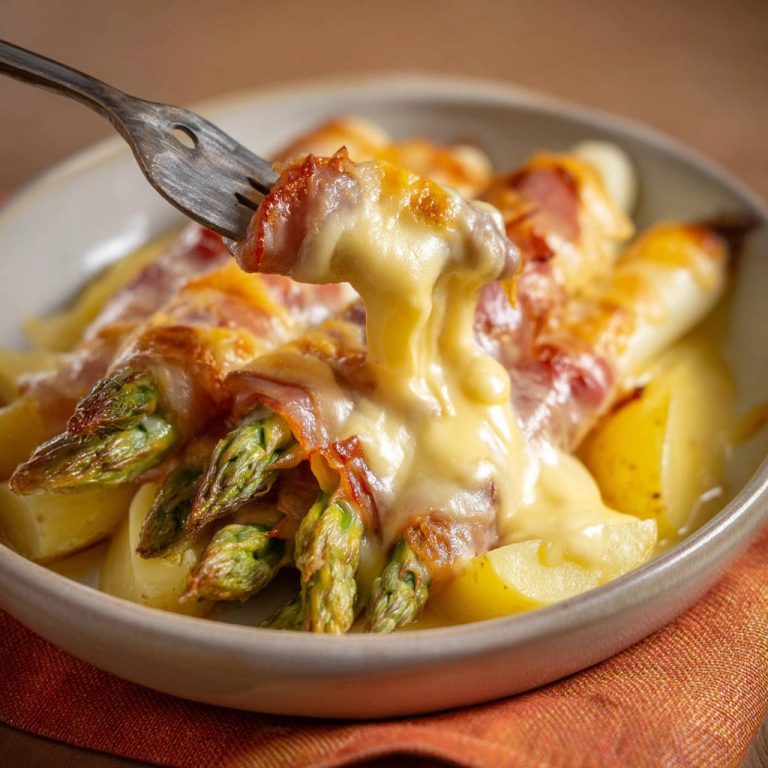 Spargel-Gratin mit Speck & Käsesauce nah aufgenommen, wie geschmolzener Käse von einer Gabel tropft.