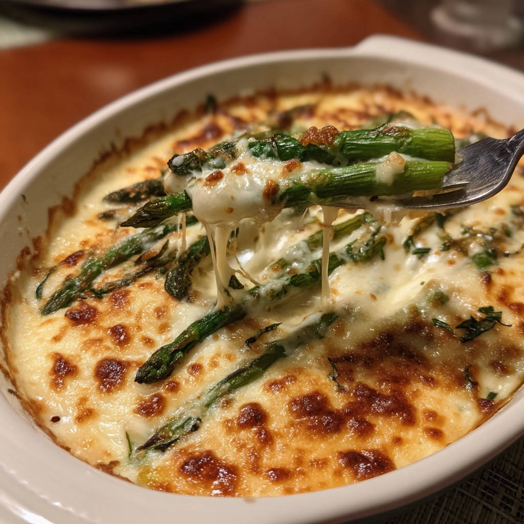 Spargelgratin mit geschmolzenem Käse und knuspriger Kruste, ein Löffel hebt eine Portion heraus.