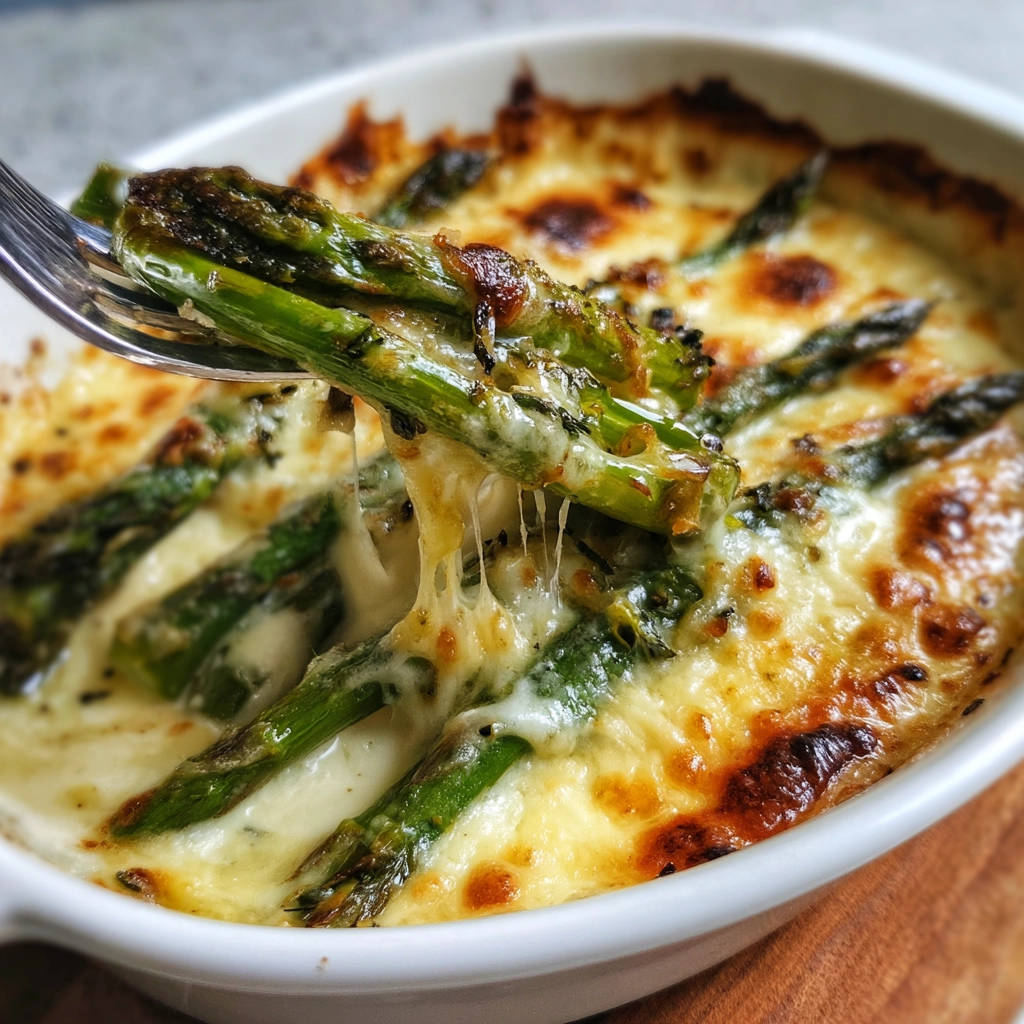 Spargelgratin mit geschmolzenem Käse, der von einer Gabel gezogen wird und Fäden zieht.