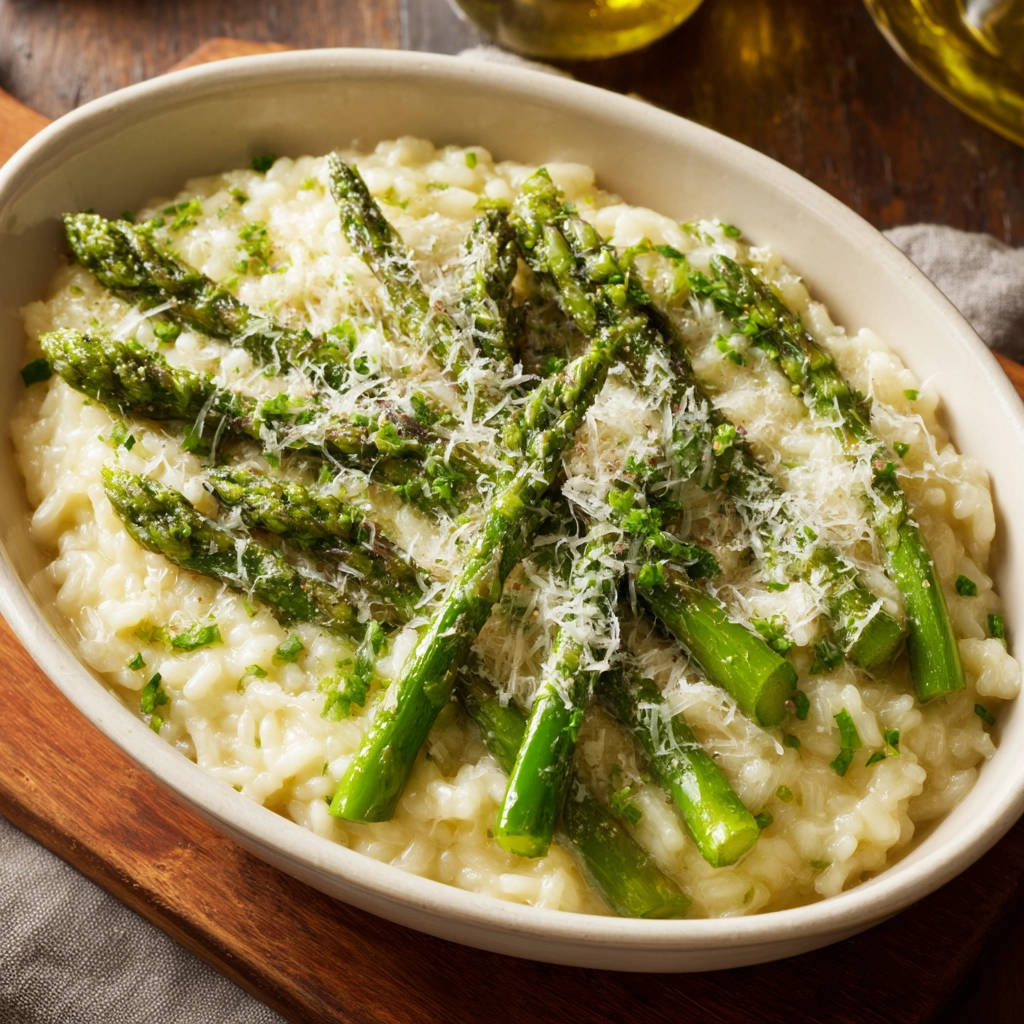 Spargelrisotto garniert mit grünem Spargel und frisch geriebenem Parmesan, serviert in einer ovalen Schüssel.