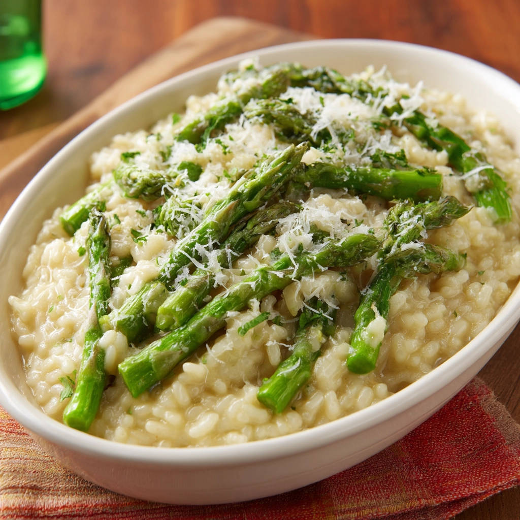 Spargelrisotto garniert mit frischem Spargel und geriebenem Parmesan in einer ovalen Schüssel.