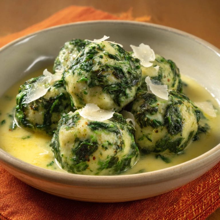 Spinatknödel in Buttersoße als Nahaufnahme mit Parmesan garniert serviert in einer Schüssel.