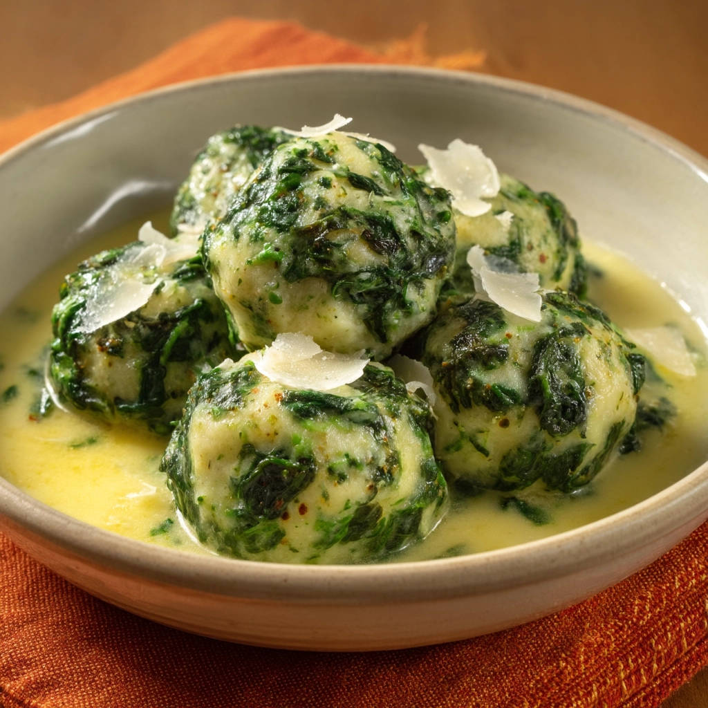 Spinatknödel in Buttersoße als Nahaufnahme mit Parmesan garniert serviert in einer Schüssel.