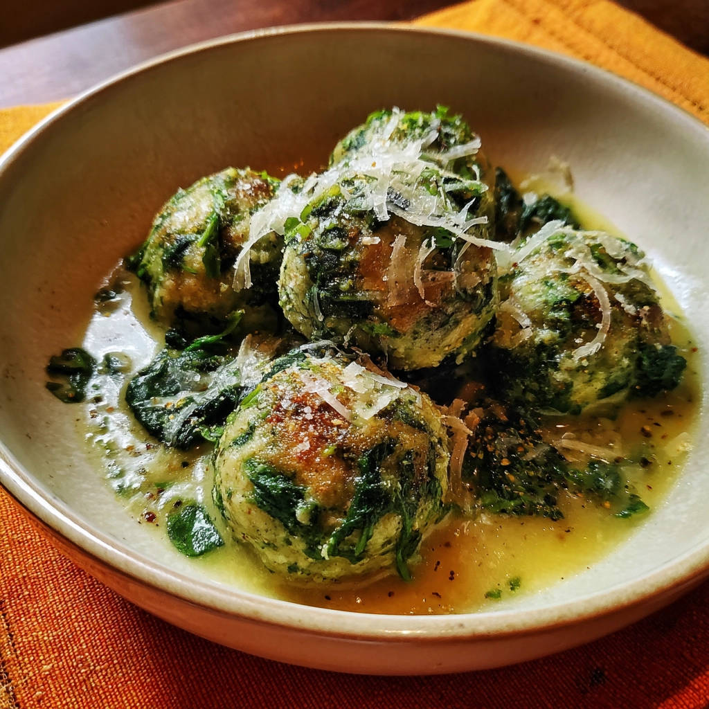 Spinatknödel in Buttersoße, eine Nahaufnahme, die die grünen Knödel mit geschmolzenem Parmesan und reichlich Buttersoße zeigt.