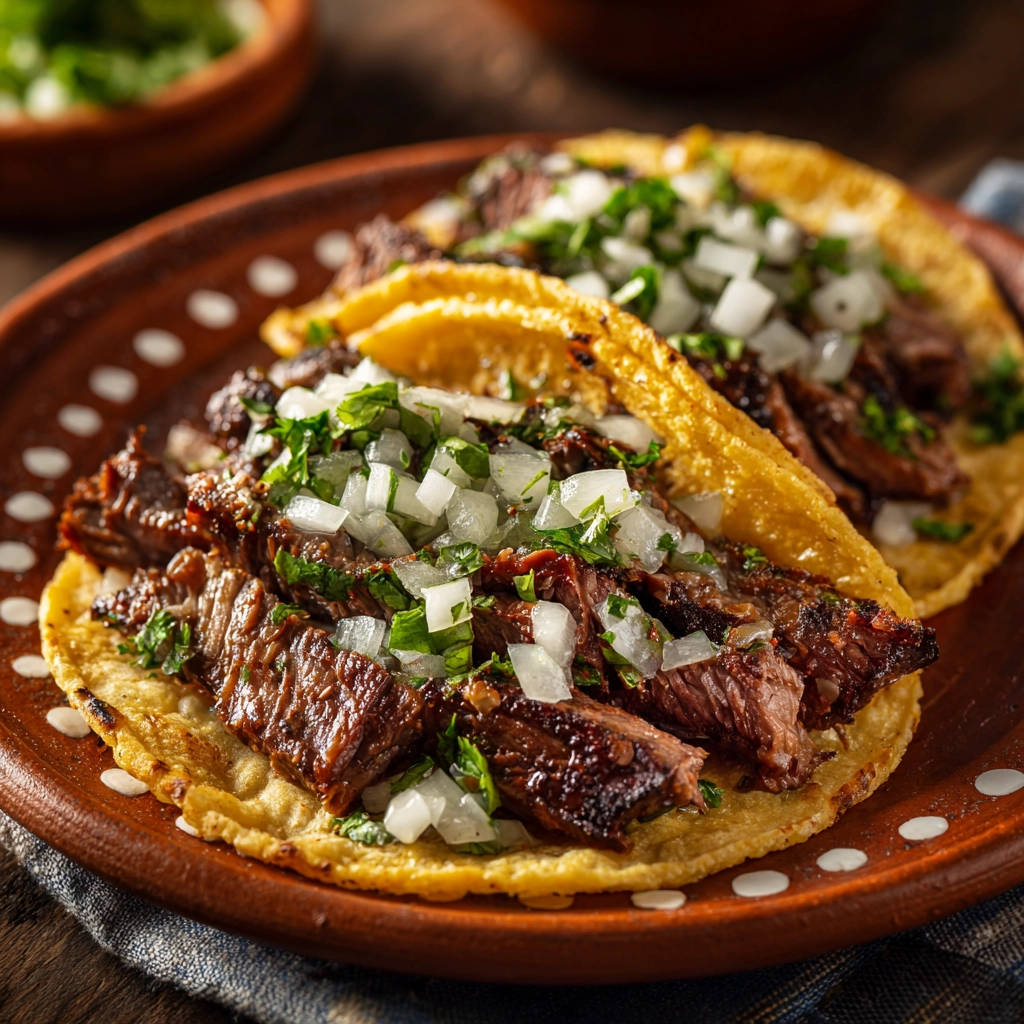 Steak Tacos nach mexikanischer Art, eine Nahaufnahme von oben, garniert mit Zwiebeln und Koriander auf einem Teller.