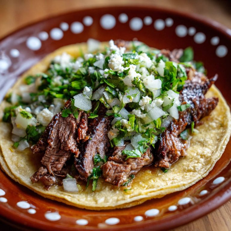 Steak Tacos nach mexikanischer Art als Nahaufnahme mit frischem Koriander, Zwiebeln und Käse garniert.
