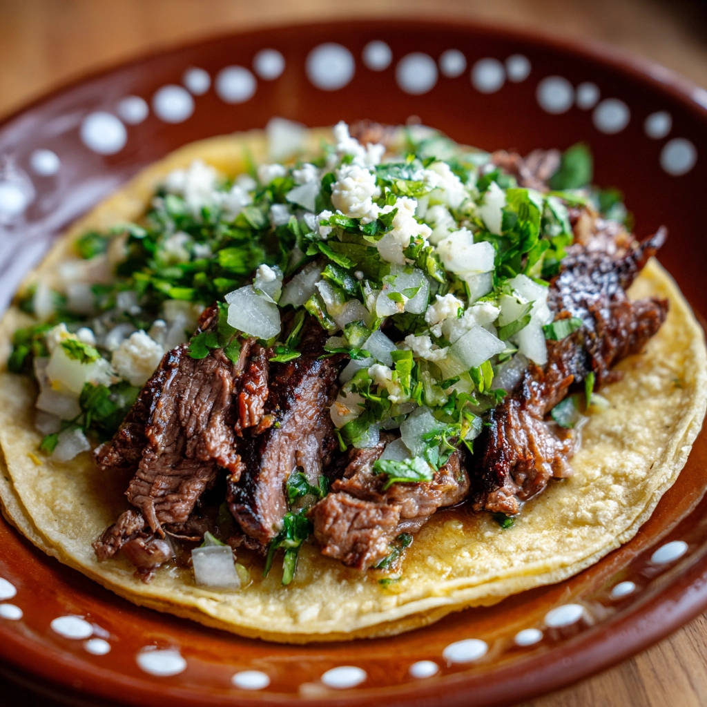 Steak Tacos nach mexikanischer Art als Nahaufnahme mit frischem Koriander, Zwiebeln und Käse garniert.