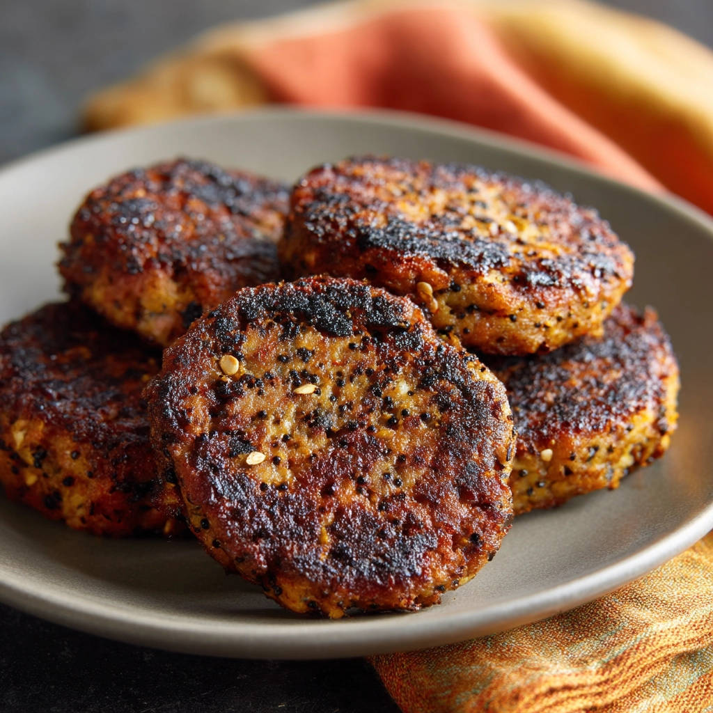 Süßkartoffel-Patties im Detail, mit sichtbaren Gewürzen und einer leicht angebratenen Kruste auf einem Teller.
