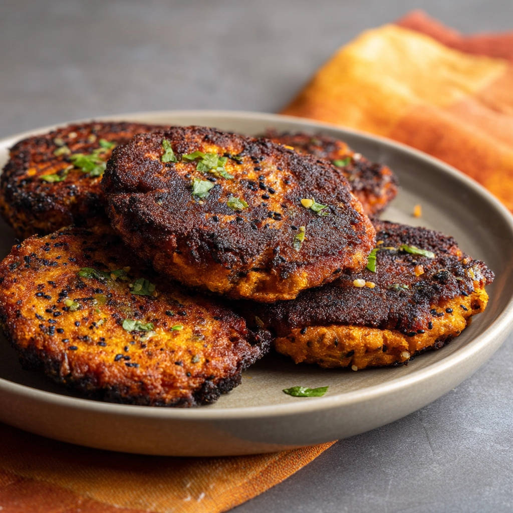 Süßkartoffel-Patties, nah aufgenommen und mit frischen Kräutern garniert, zeigen ihre goldbraune Textur.