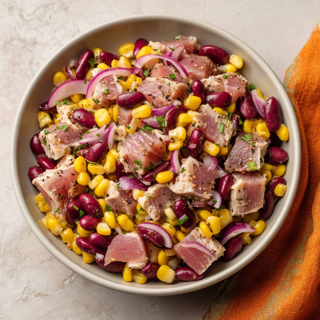 Schneller Thunfisch-Salat mit Bohnen und Mais, Nahaufnahme der Zutaten im Servierteller mit roter Zwiebel und Petersilie.