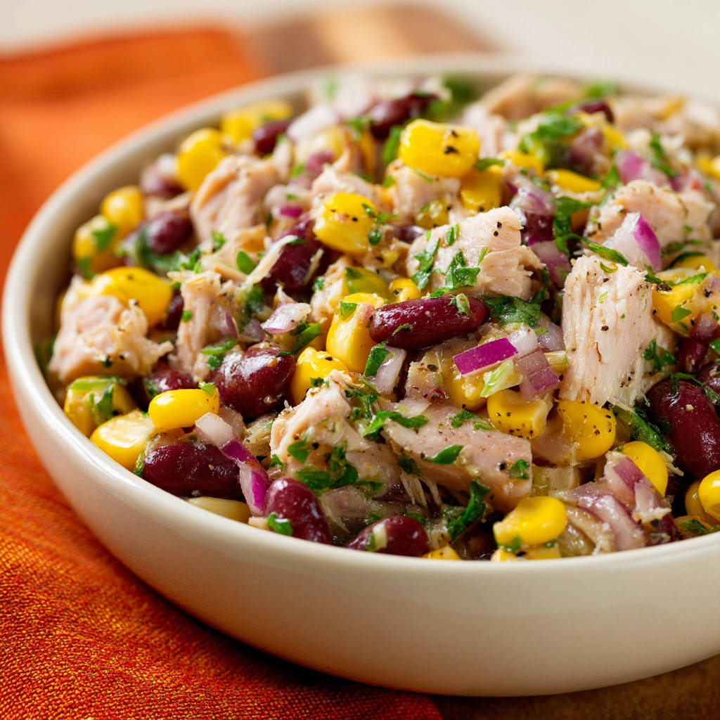 Schneller Thunfisch-Salat mit Bohnen und Mais als Nahaufnahme in einer Schüssel mit frischen Zutaten.