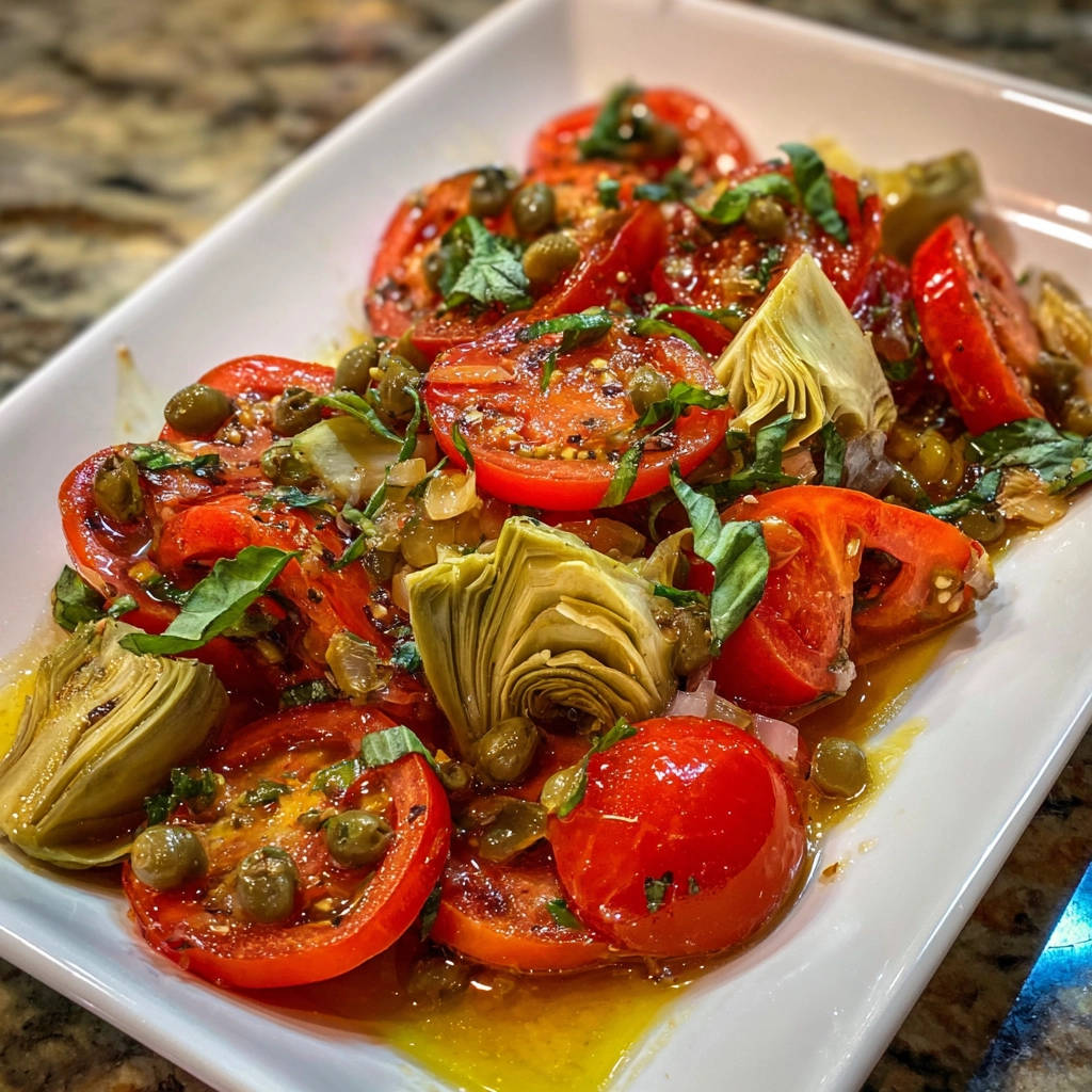 Tomaten-Artischocken-Salat mit Kapern und Basilikum, nahaufnahme der marinierten Zutaten auf einer weißen Platte.