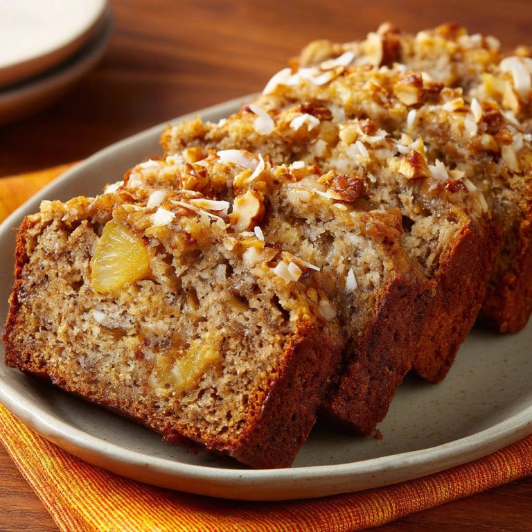 Tropisches Bananenbrot mit Ananas und Kokos, angeschnitten auf einem Teller mit Nüssen und Kokosraspeln bestreut.