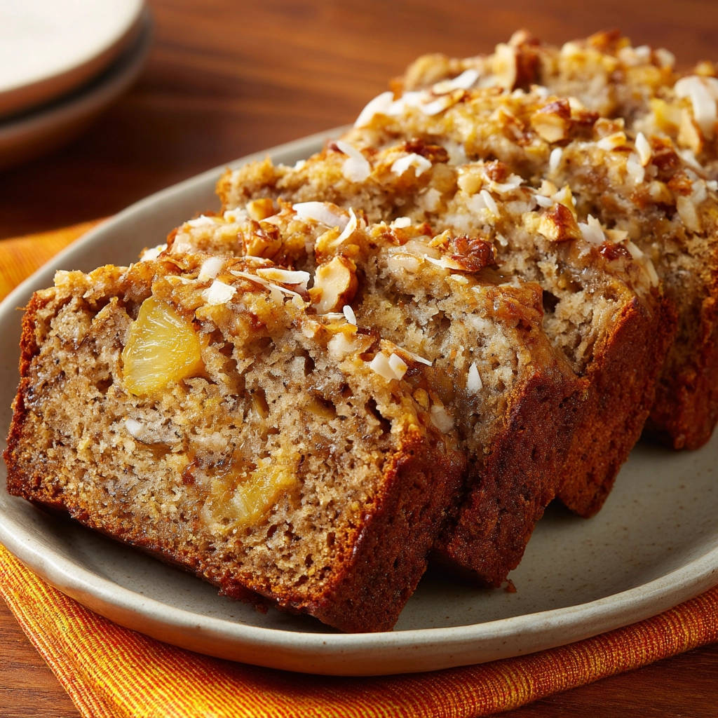 Tropisches Bananenbrot mit Ananas und Kokos, angeschnitten auf einem Teller mit Nüssen und Kokosraspeln bestreut.
