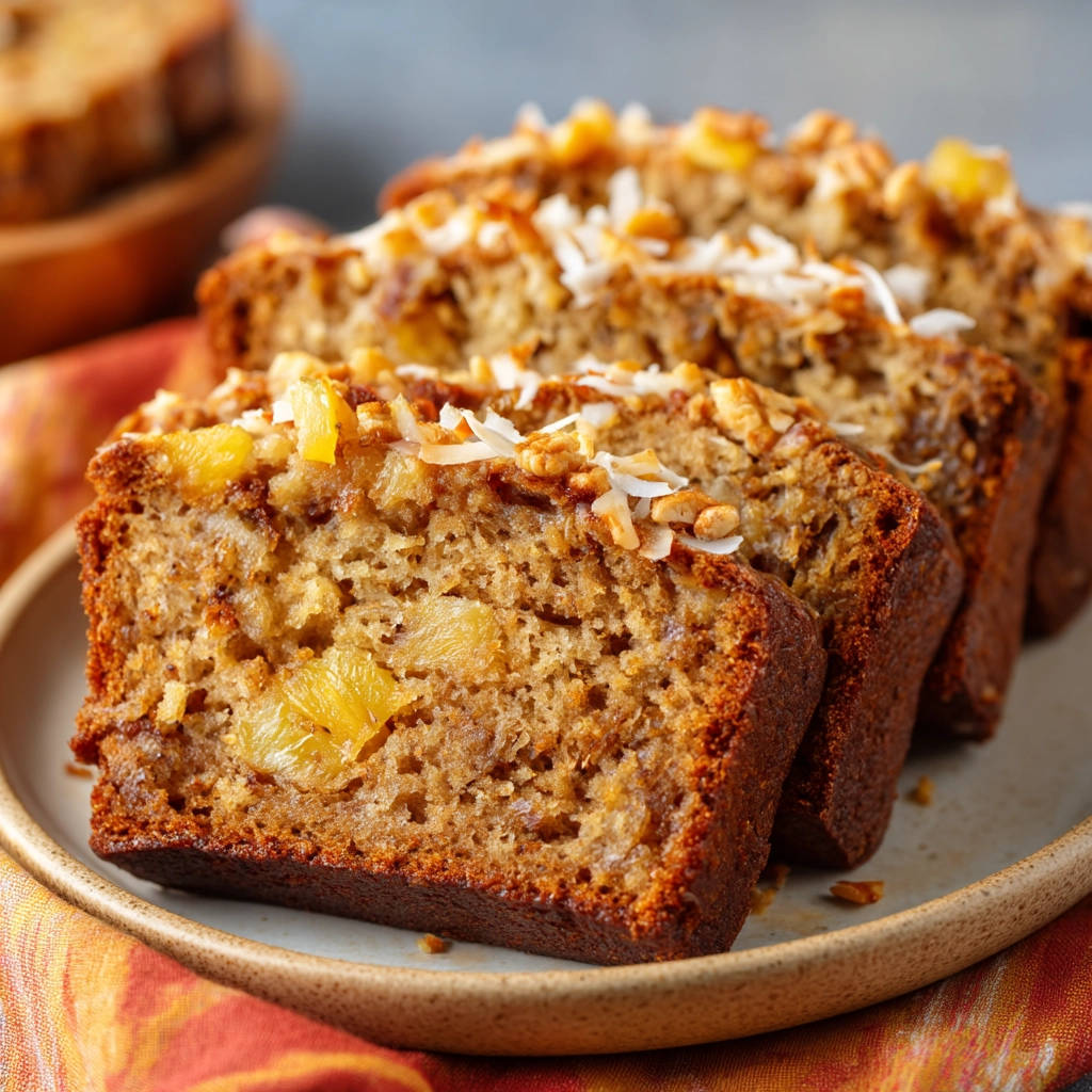 Tropisches Bananenbrot mit Ananas und Kokos, angeschnitten und zeigt die saftige Textur mit Fruchtstücken und Kokosflocken.