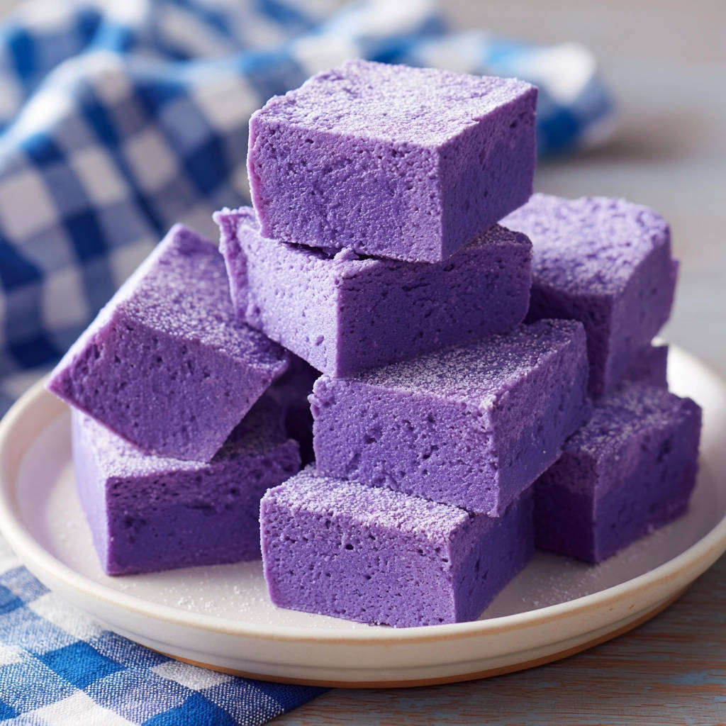 Ube Pudding Würfel sind gestapelt auf einem Teller und mit Puderzucker bestäubt, was die cremige Textur zeigt.