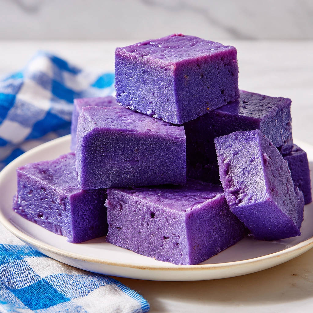 Ube Pudding Würfel gestapelt auf einem Teller mit blau-weiß kariertem Tuch daneben, perfekt cremig und schnittfest.