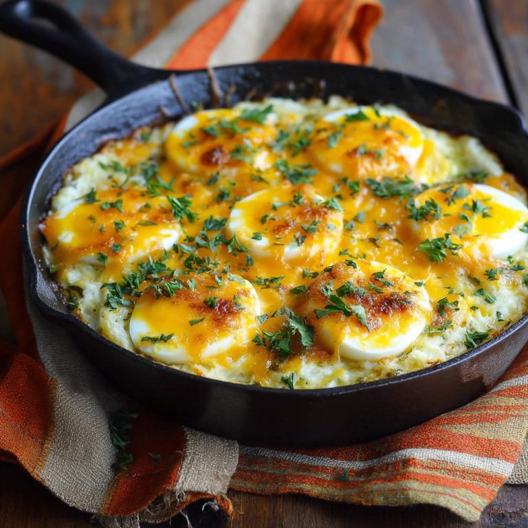 Überbackene Eierpfanne mit geschmolzenem Käse und frischen Kräutern in einer Gusseisenpfanne, nahaufnahme.
