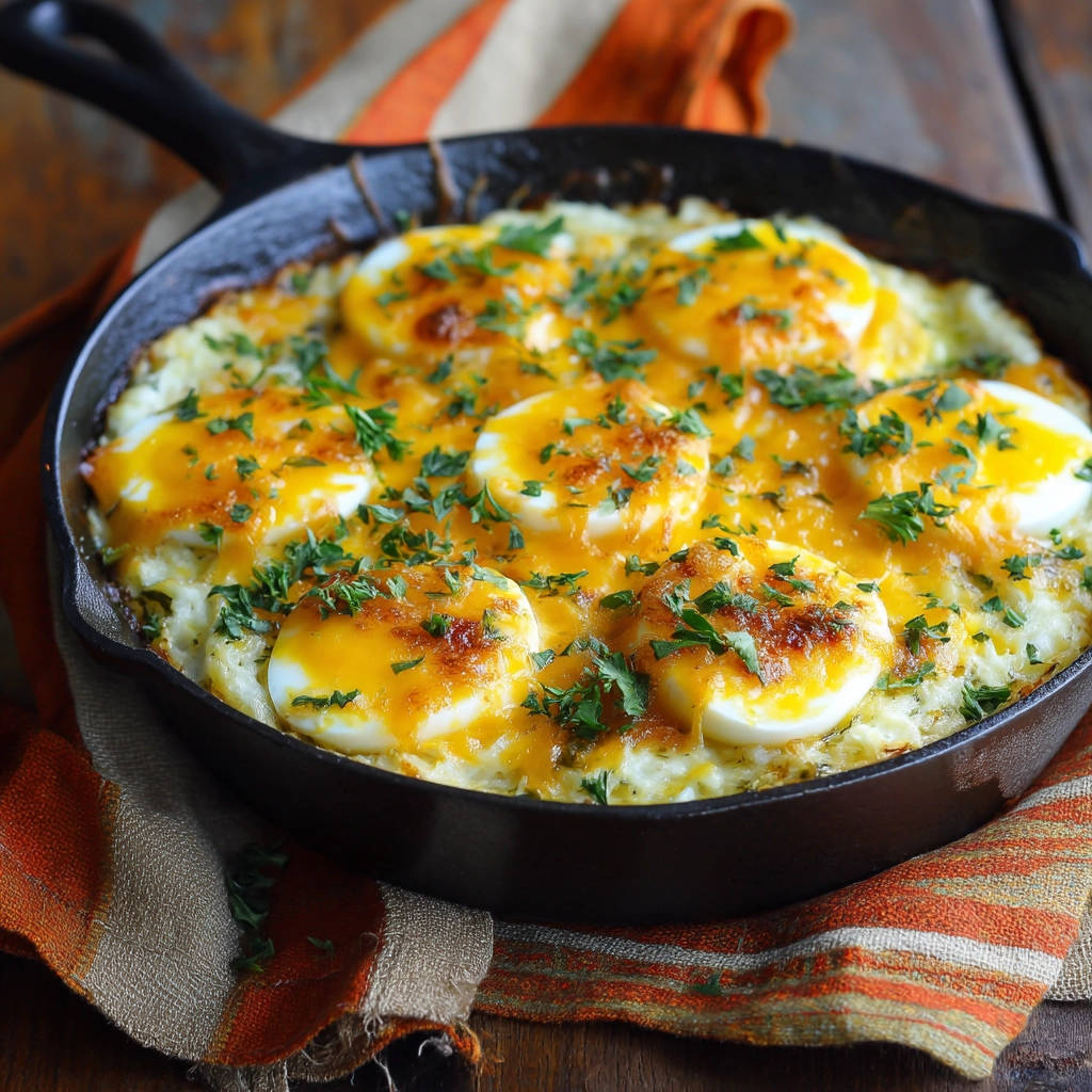 Überbackene Eierpfanne mit geschmolzenem Käse und frischen Kräutern in einer Gusseisenpfanne, nahaufnahme.