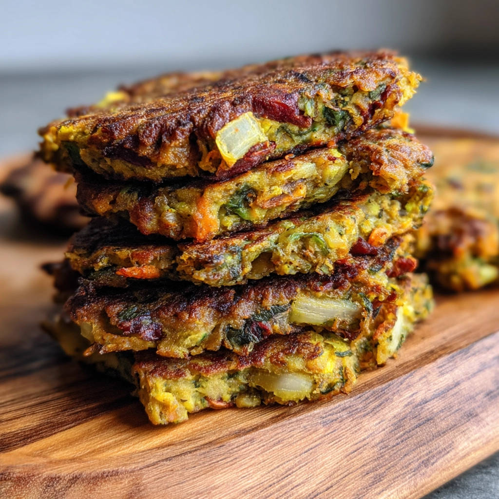 Veggie Patties mit Quinoa und Bohnen im Querschnitt, gestapelt auf einem Holzbrett, zeigen die Gemüsestücke und die Textur.