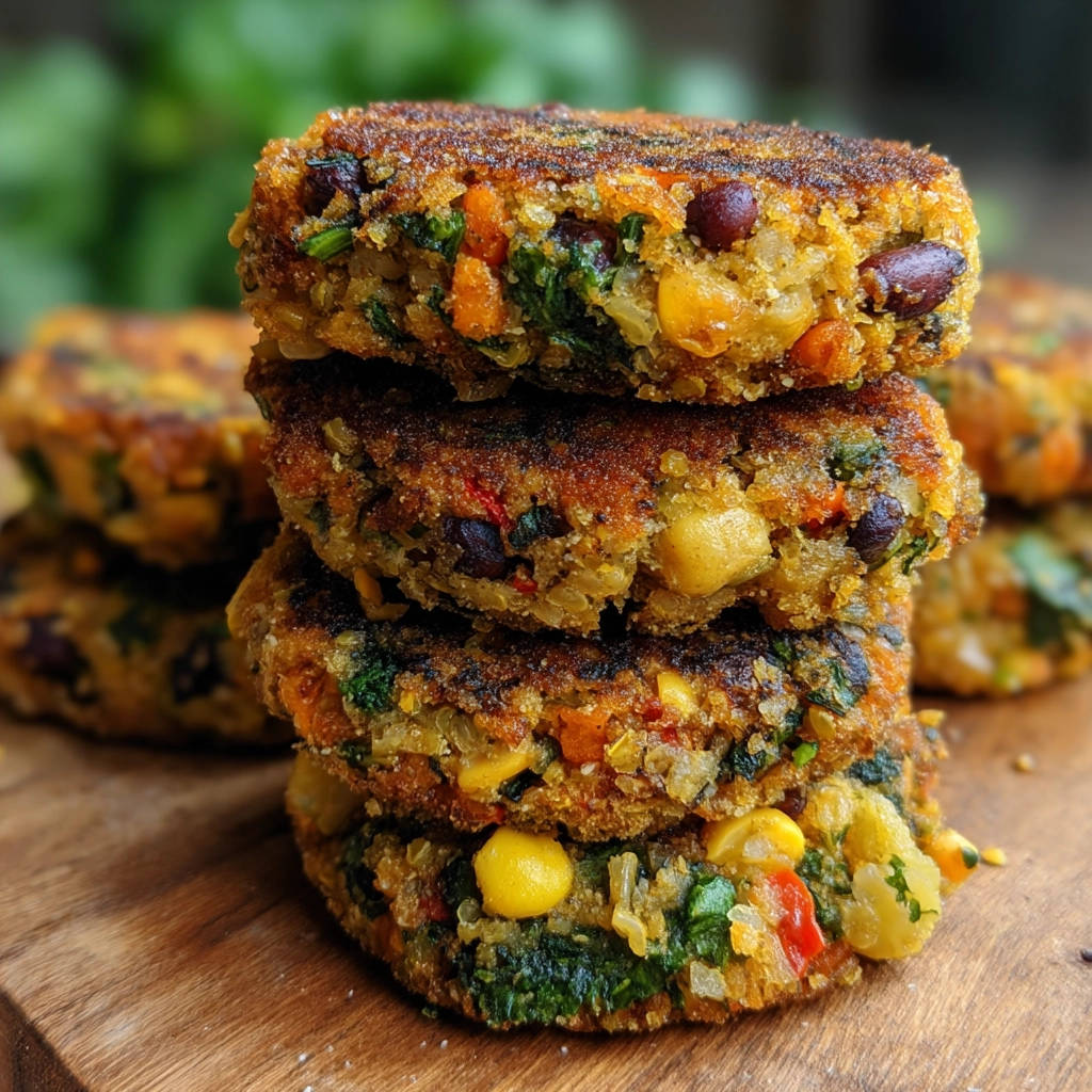 Veggie Patties mit Quinoa und Bohnen als Stapel in Nahaufnahme, mit sichtbarem Inneren und Textur der Zutaten.