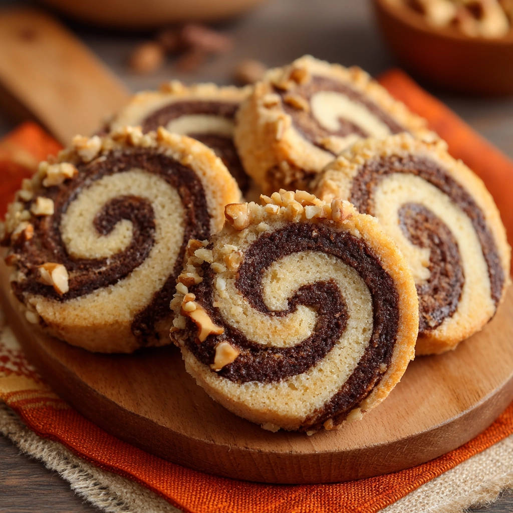 Walnuss-Schoko-Rollen im Detail als Querschnitt mit Nüssen und schokoladiger Spirale auf einem Holzbrett.