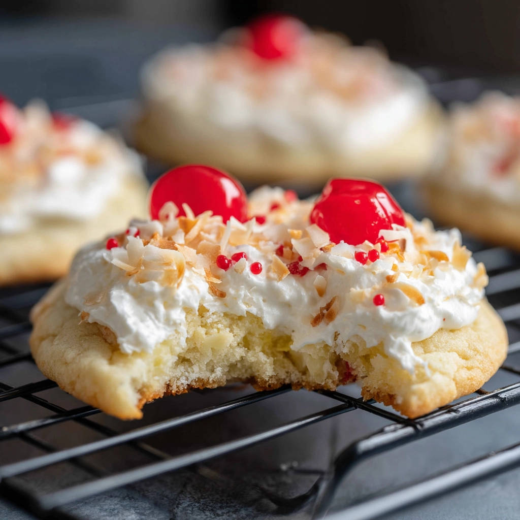 Weiche Kokos-Kirsch-Cookies angeschnitten auf einem Gitter, mit Kokosflocken und Kirschen garniert