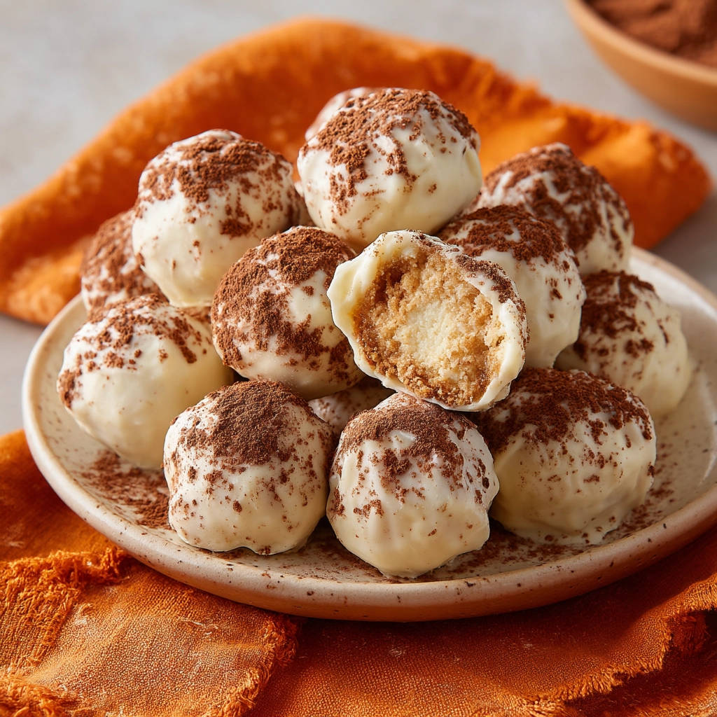Weiße Schoko Cake Pops angeschnitten, die eine cremige Füllung und Keksboden zeigen, bestäubt mit Kakaopulver.