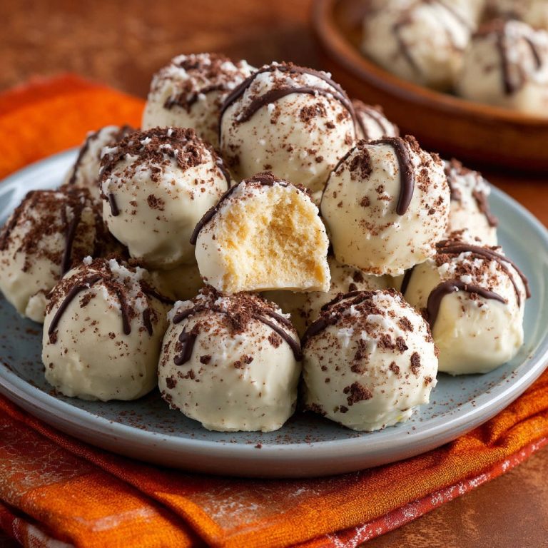 Weiße Schoko Cake Pops angeschnitten auf einem Teller, mit dunkler Schokolade und Kakaostreuseln garniert, zeigen das cremige Innere.