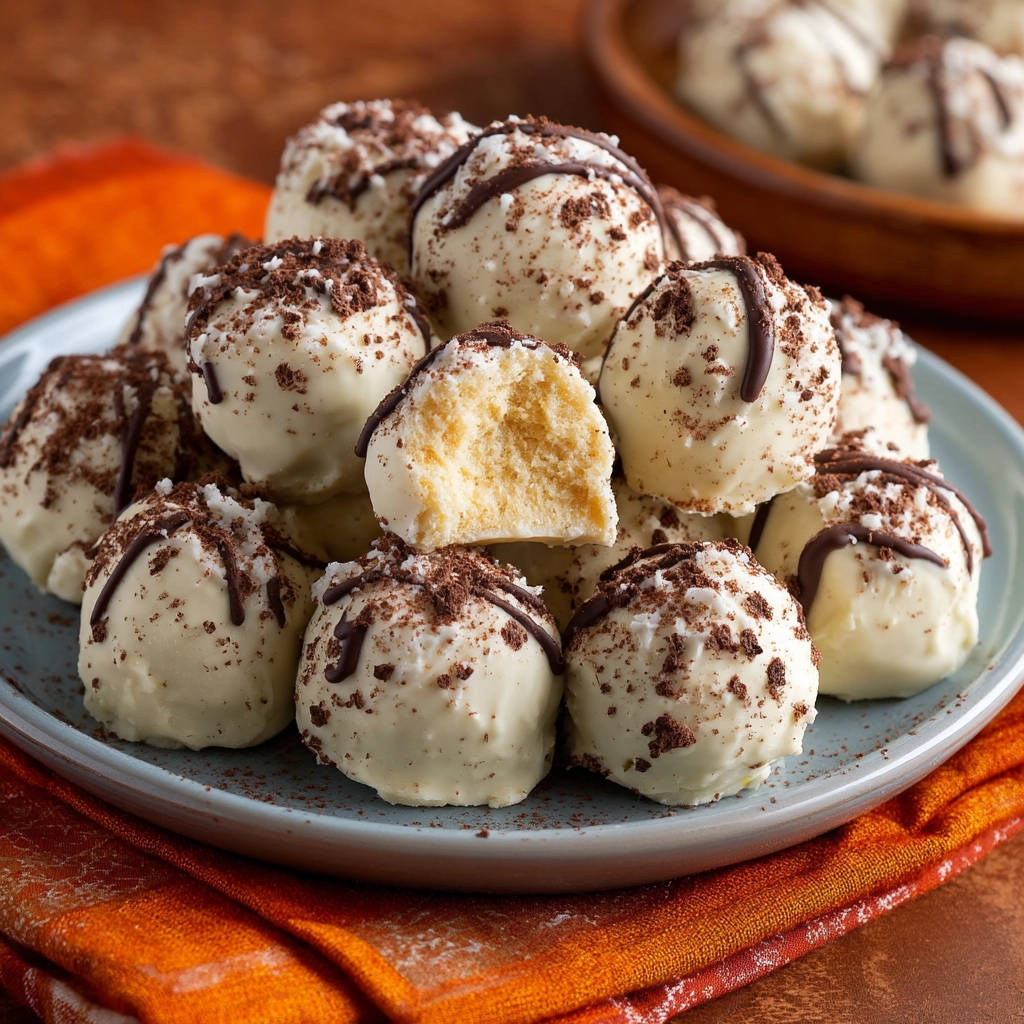 Weiße Schoko Cake Pops angeschnitten auf einem Teller, mit dunkler Schokolade und Kakaostreuseln garniert, zeigen das cremige Innere.