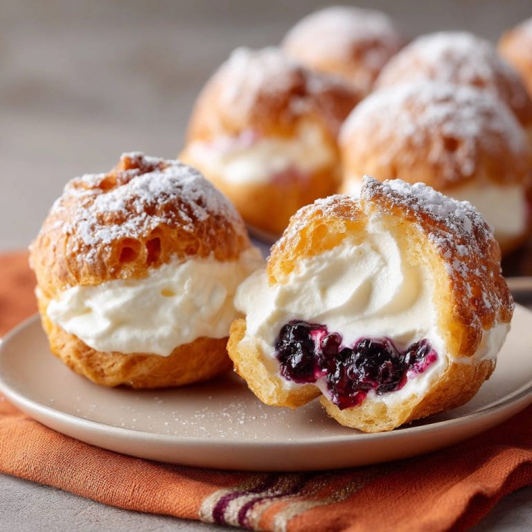 Windbeutel mit Sahne und Beeren, angeschnitten und mit Puderzucker bestäubt, zeigen das cremige Innere und die Fruchtfüllung.