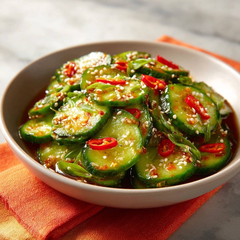 Würziger Gurkensalat mit Chili und Sesam, Nahaufnahme der Garnitur mit frischen Kräutern und roten Chilischeiben.