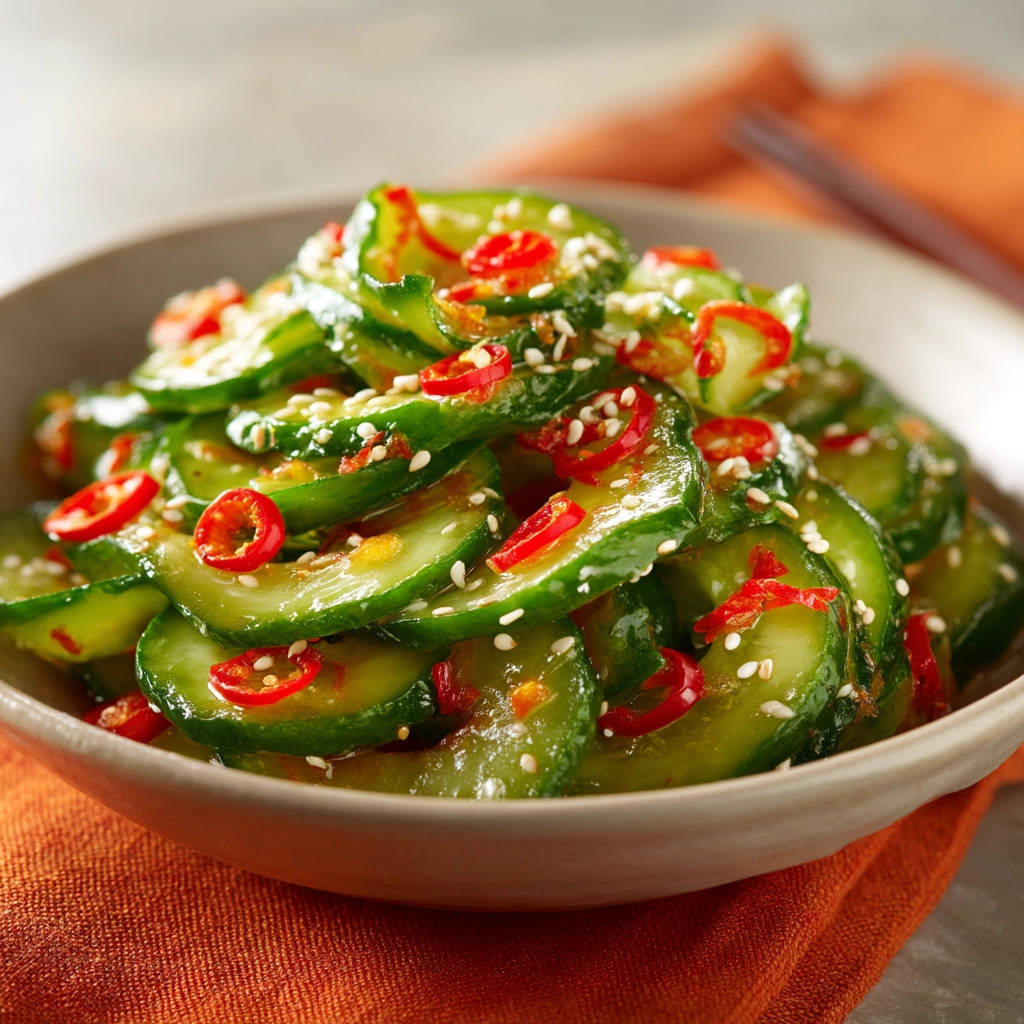 Würziger Gurkensalat als Nahaufnahme, garniert mit roten Chilis und Sesam, zeigt die knackige Frische.