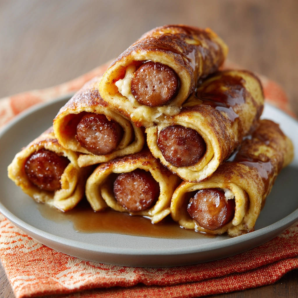 Würstchen im French Toast Mantel, eine Nahaufnahme zeigt die goldbraune Hülle und das heiße Innere der Würstchen.