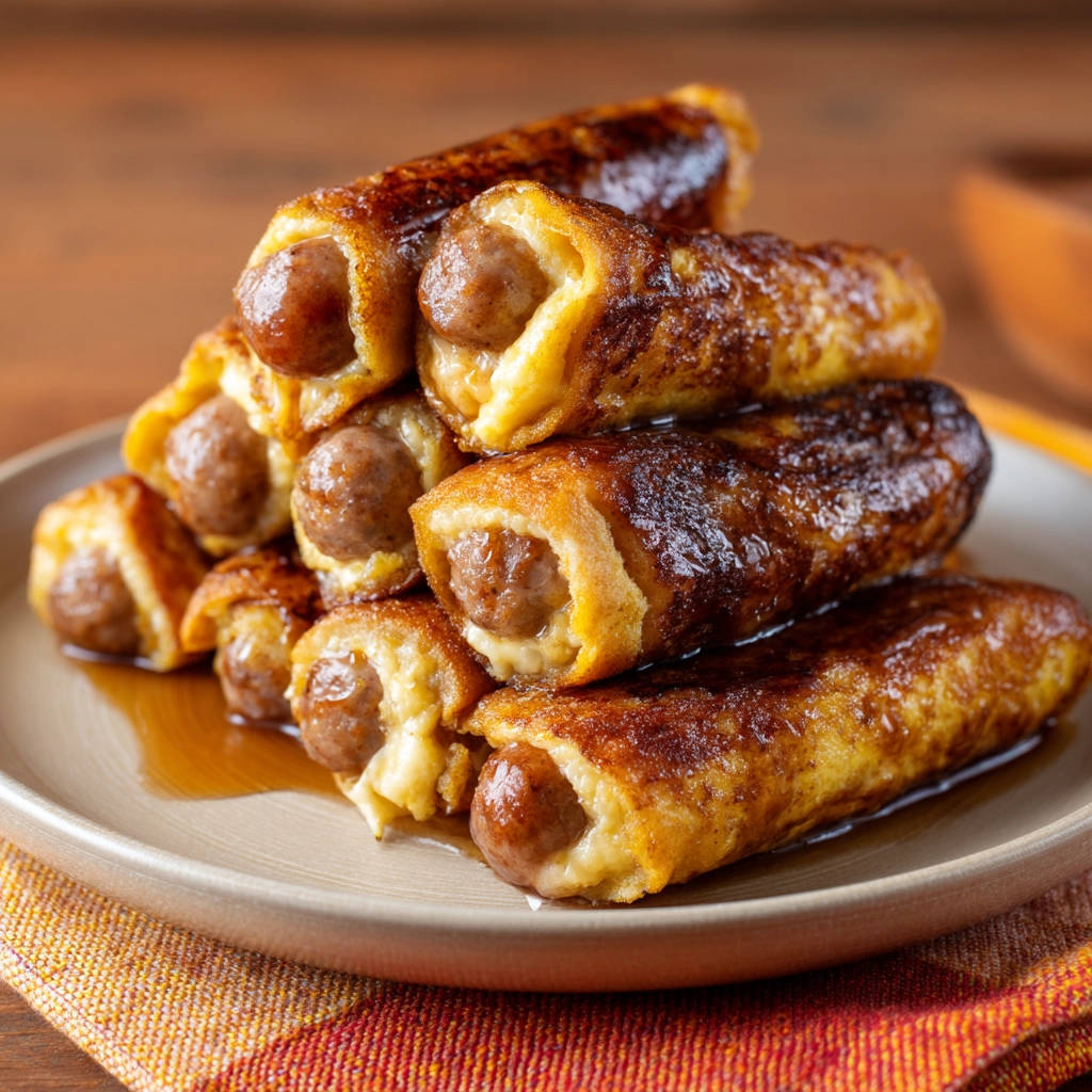 Würstchen im French Toast Mantel, goldbraun gebacken und zu einem Stapel auf einem Teller arrangiert.