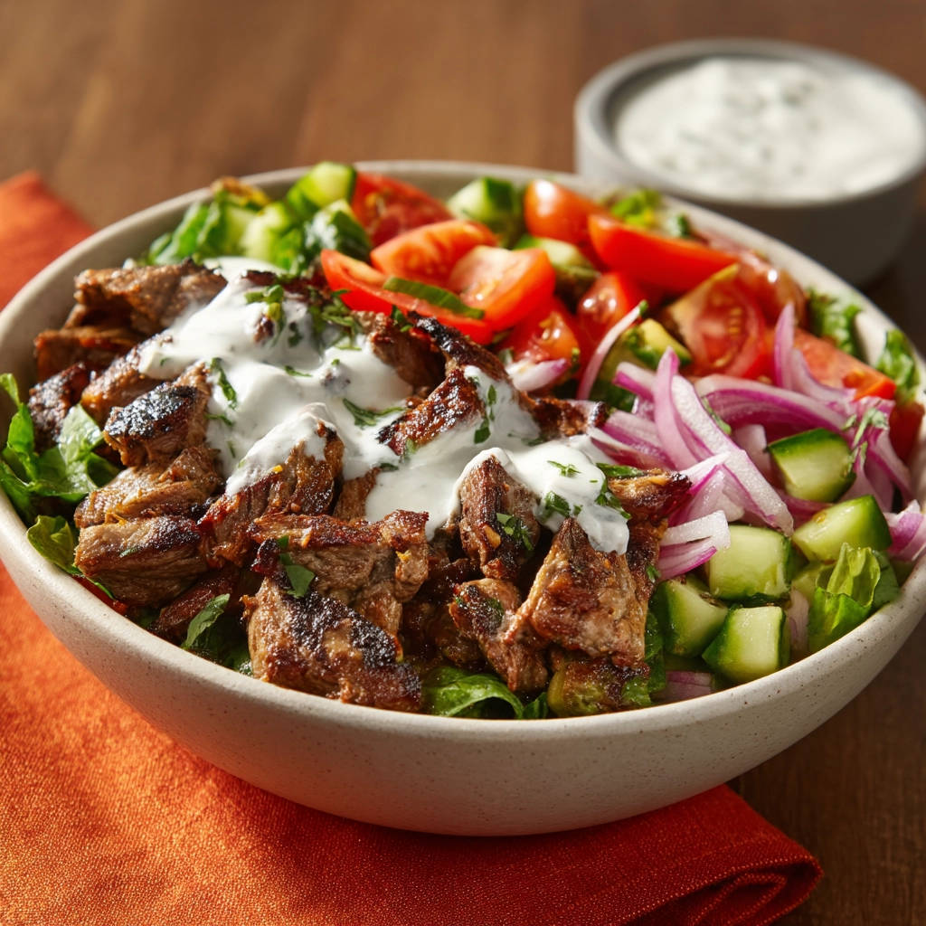 Zarter Steak Salat mit cremiger Joghurtsoße, nahaufnahme des Salats mit geschnittenem Steak und frischem Gemüse, beträufelt mit Soße.