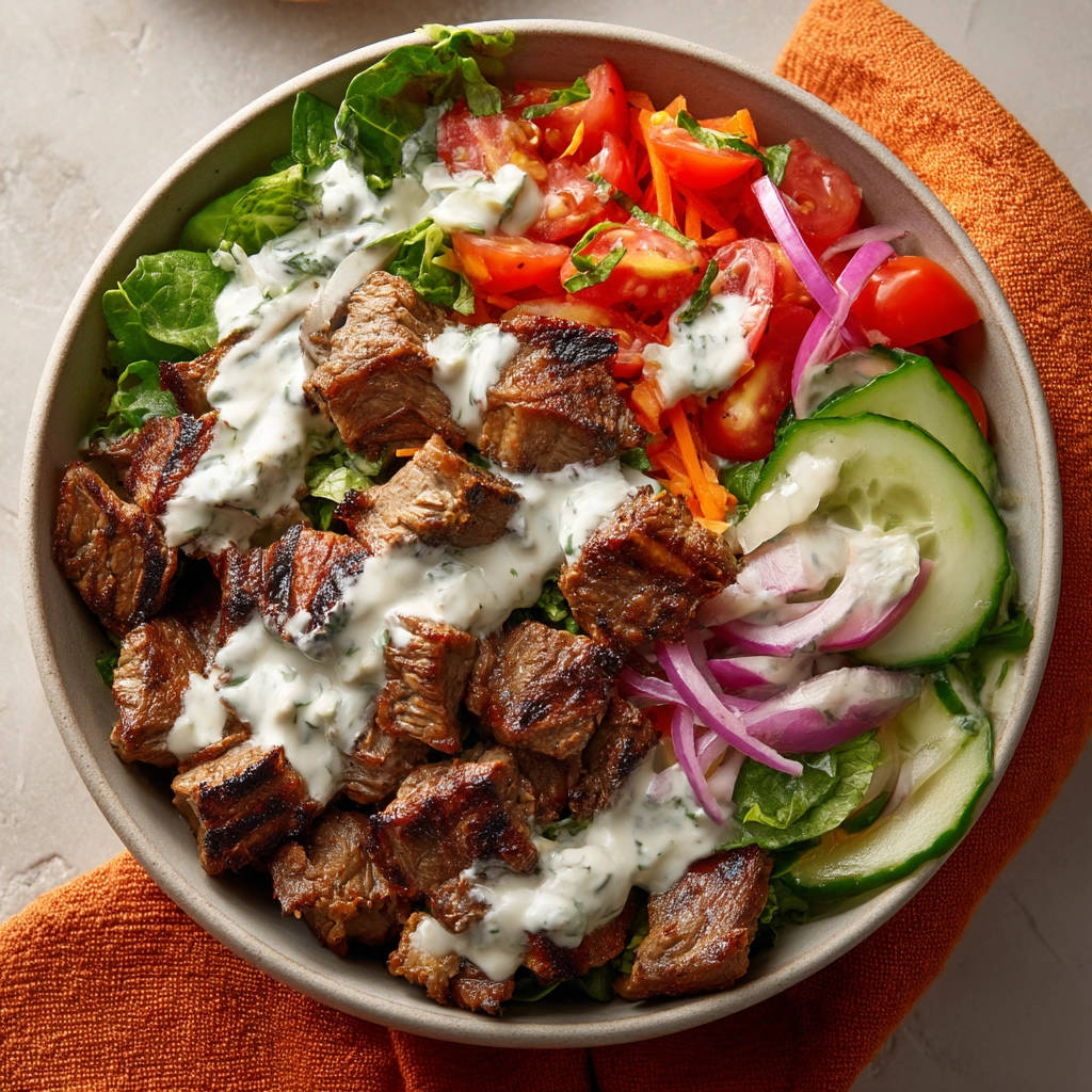 Zarter Steak Salat mit cremiger Joghurtsoße von oben in einer Schüssel mit frischem Gemüse und Dressing serviert.