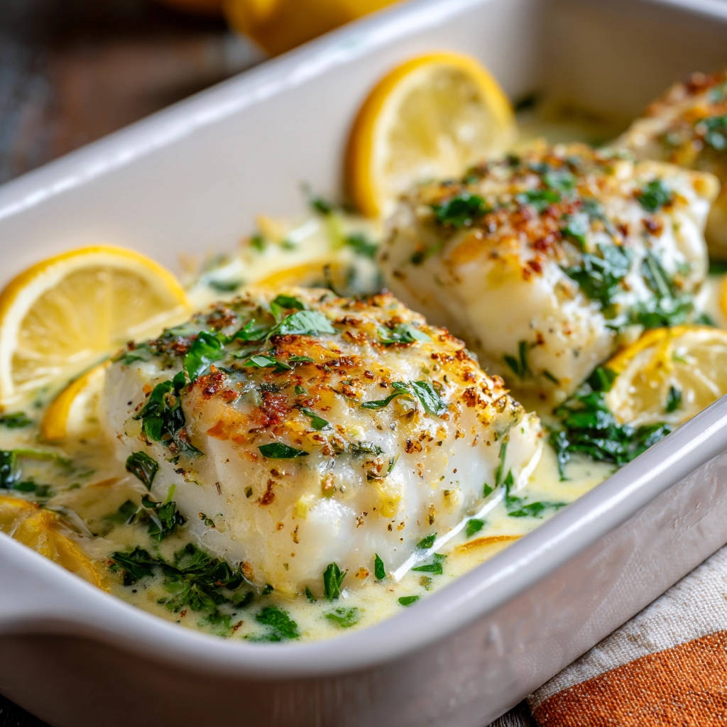 Zitronen-Kräuter-Fisch aus dem Ofen, serviert in einem weißen Backblech mit Zitronenscheiben und frischer Petersilie.