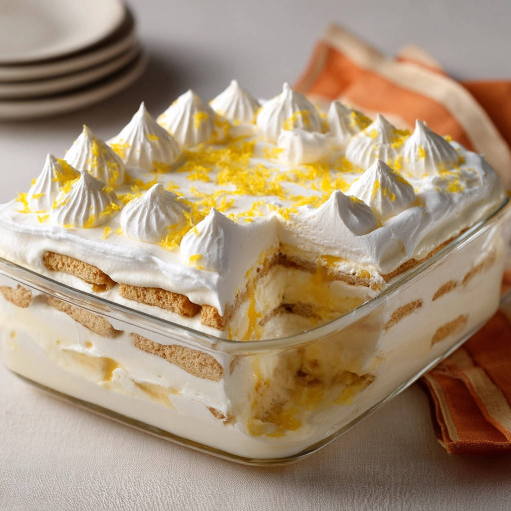 Zitronen-Schichtdessert angeschnitten, zeigt die vielen Schichten aus Keks, Creme und Banane mit Baiserhauben.