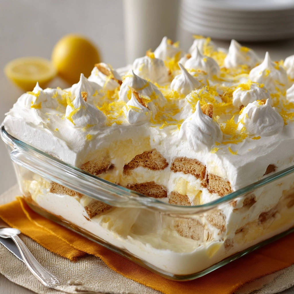 Zitronen-Schichtdessert angeschnitten im Glas mit Biskuit und Sahne, garniert mit Baiserhauben und Zitronenzesten.
