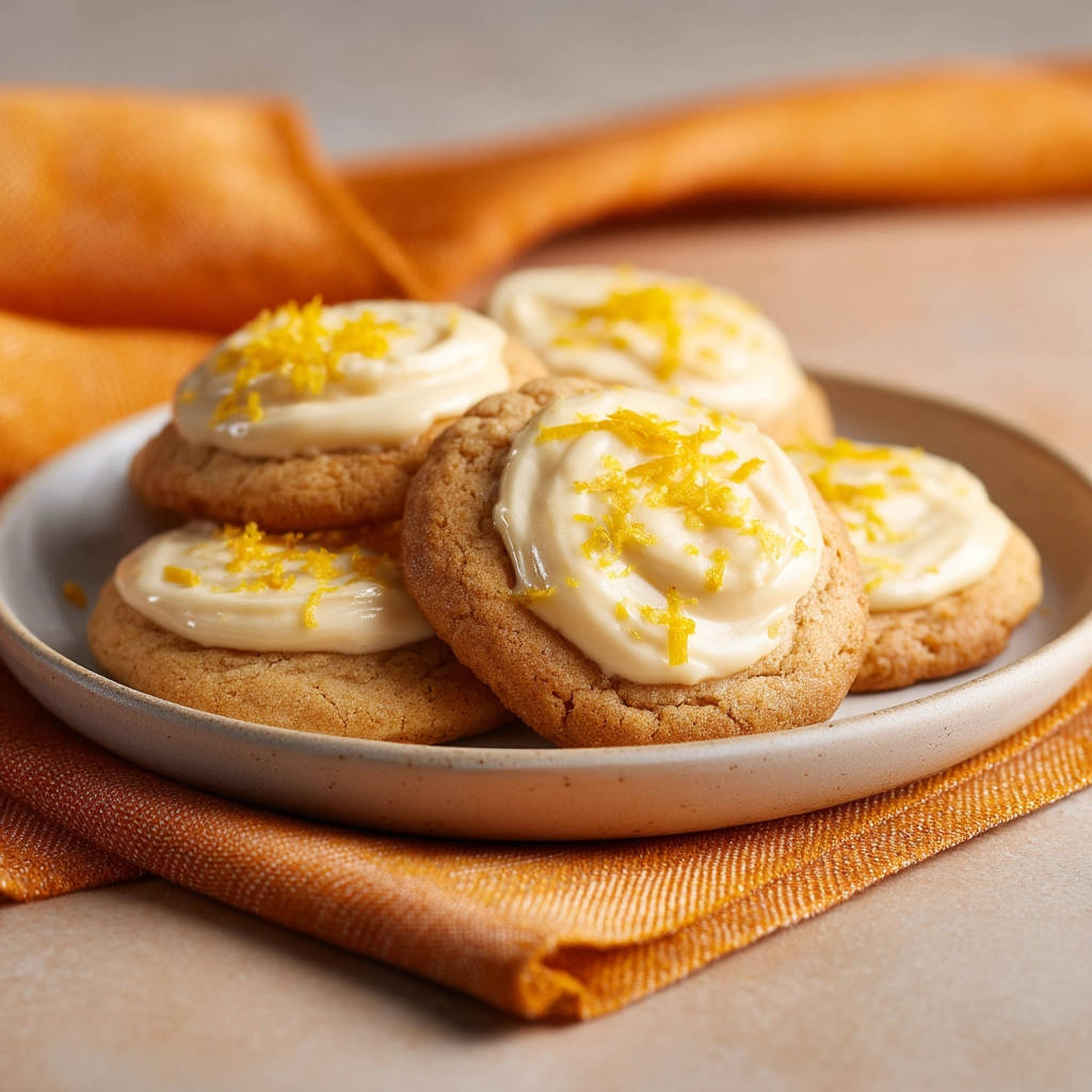 Zitronen-Zuckerkekse mit Frischkäse-Frosting, garniert mit Zitronenschale, auf einem Teller serviert
