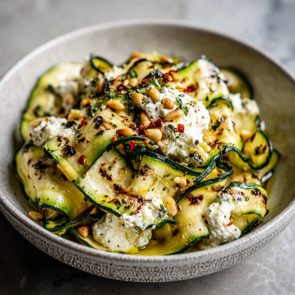 Zucchini Carpaccio mit Pinienkernen und Ricotta, eine Nahaufnahme des Gerichts mit gerösteten Pinienkernen und frischen Kräutern bestreut.
