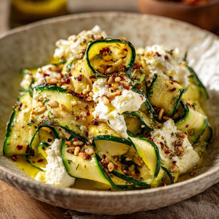 Zucchini Carpaccio mit Pinienkernen und Ricotta, eine Nahaufnahme mit detaillierter Ansicht der einzelnen Zucchinischeiben und des cremigen Käses.
